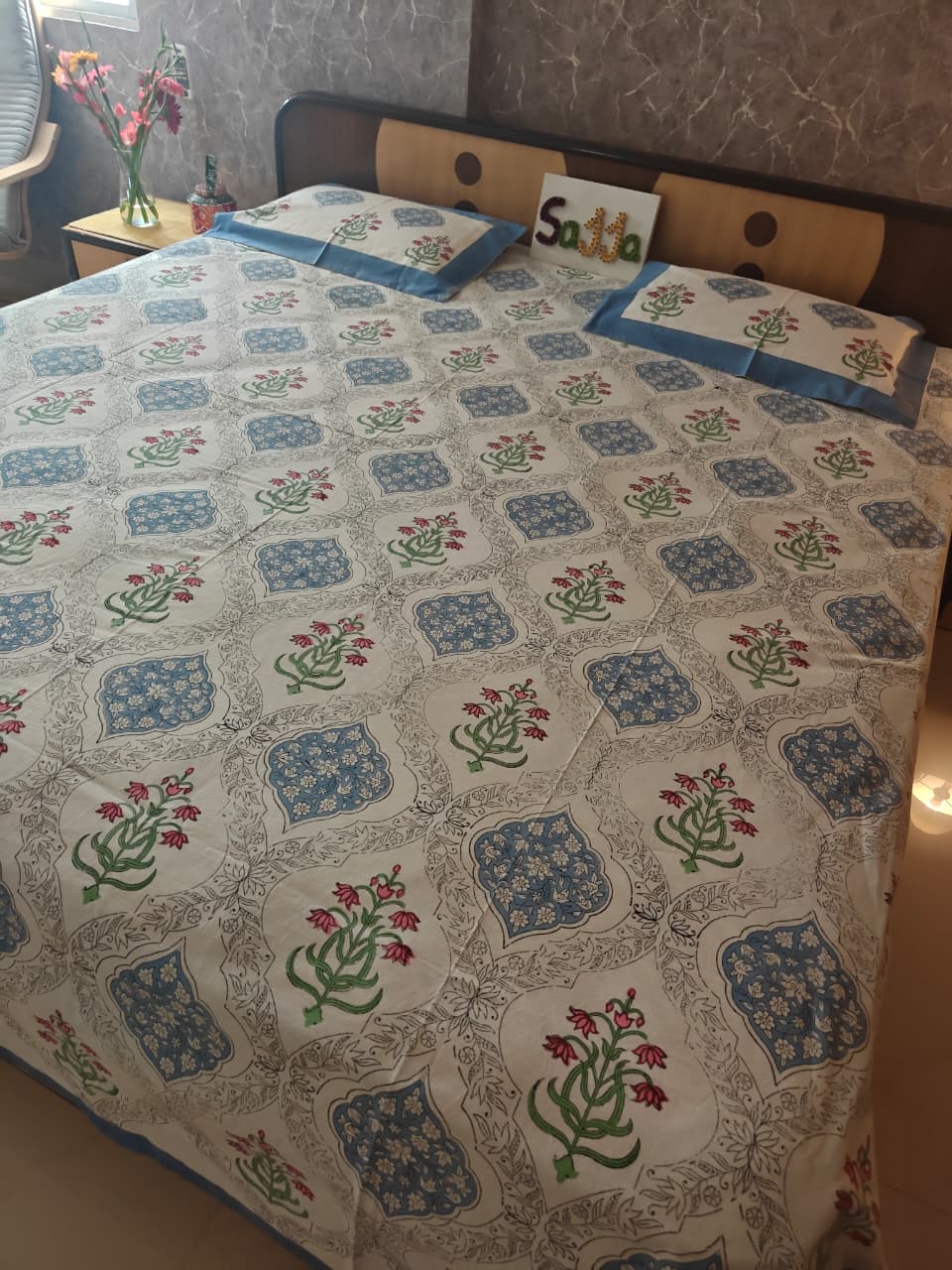 Sajja Hand Block Printed Bedsheet | Pure Cotton | Double Bed Queen Size 90"x108" | 210 TC Bedsheets | Includes 2 Pillow Covers (Hatti )