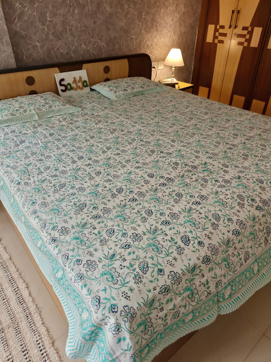 Cotton Jaipuri Hand Block Queen Size Bedsheet 90 x108 inches | Sea Blue Floral Design