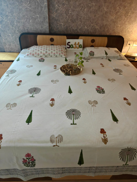 Vintage Mughal Jaal Floral Motif Handblock Premium Cotton Double Bedsheet Queen | Smaller King