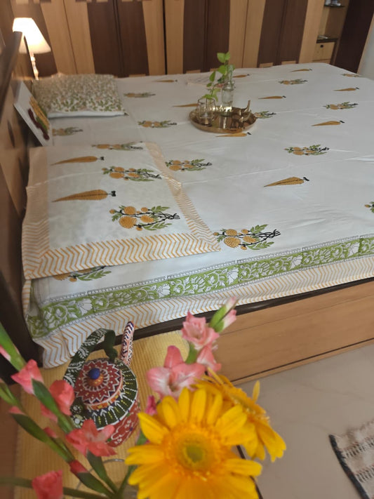 Hand block Floral Motif Yellow Green Kinar Phool Cotton Double Bedsheet Queen | Smaller King