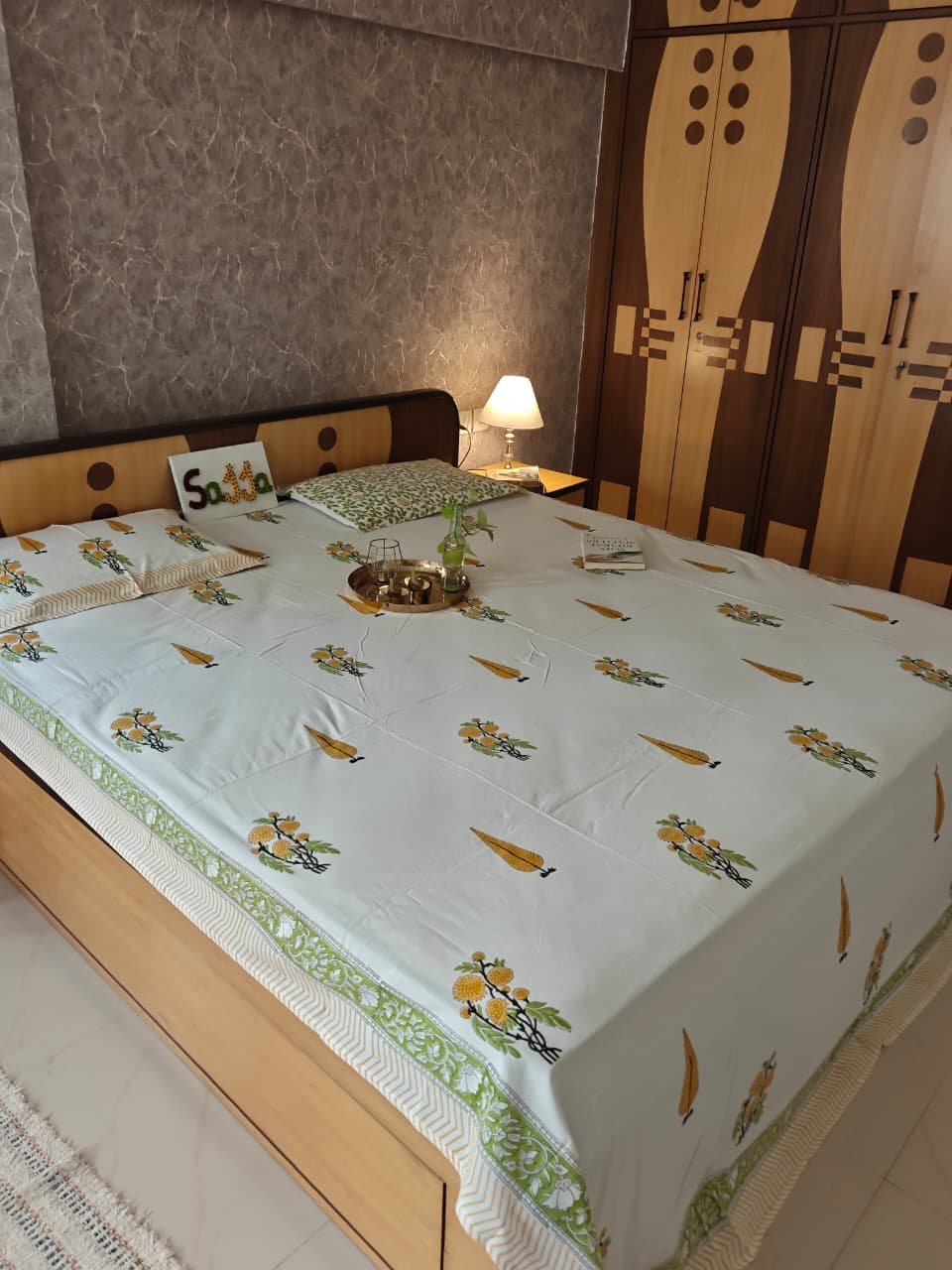 Hand block Floral Motif Yellow Green Kinar Phool Cotton Double Bedsheet Queen | Smaller King