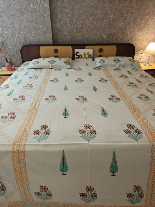 Hand block Printed 100% Cotton Floral Double Bedsheet Yellow White 90 x108 inches