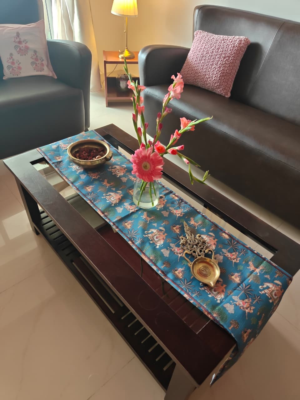 Designer Kalamkari Dupioni Silk Table Runner For Dining Table Coffee Table n Foyer (L-72in, W-12in)