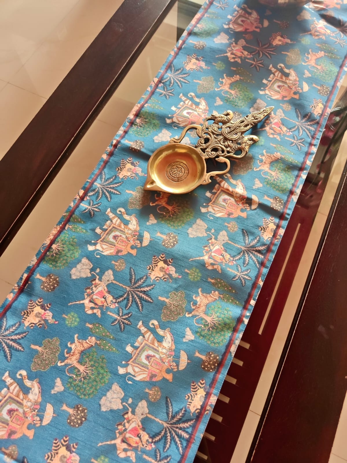 Designer Kalamkari Dupioni Silk Table Runner For Dining Table Coffee Table n Foyer (L-72in, W-12in)