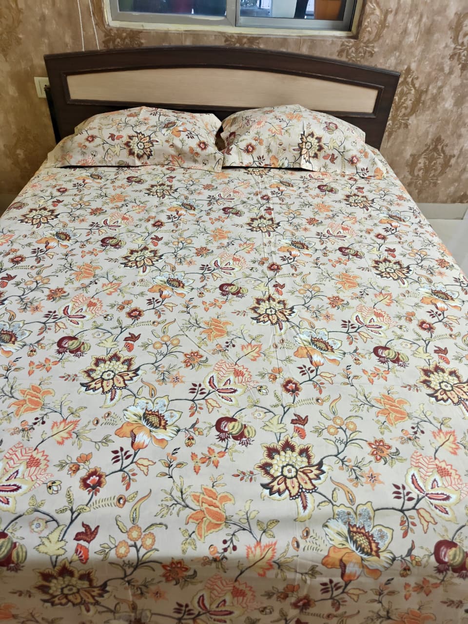 Traditional Anokhi Print Beige Ornage Floral Pure Cotton Double bed King Bedsheet