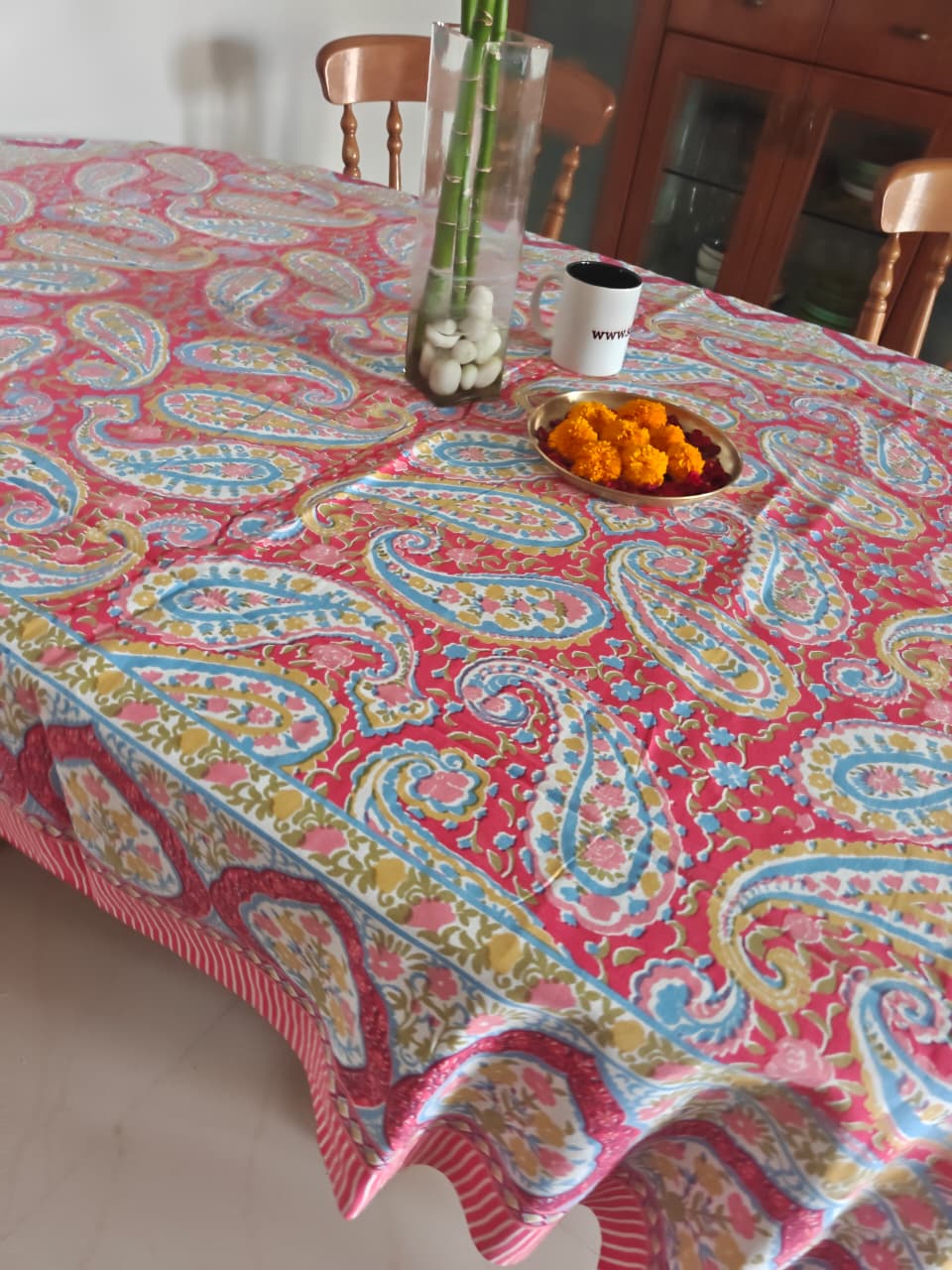 Paisley Red Multicolour Hand Block Cotton Table Cover - 60 x 90 inches 6 seater | smaller 8 seater  Table Cloth