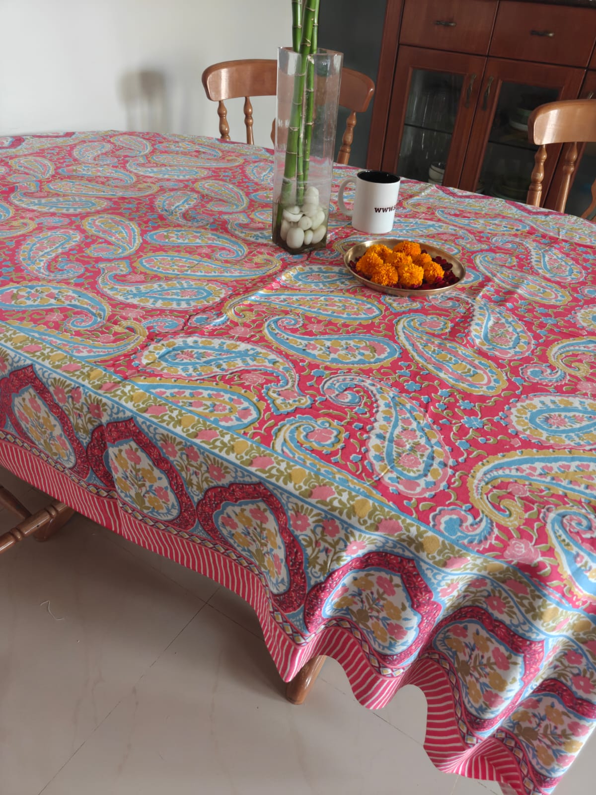 Paisley Red Multicolour Hand Block Cotton Table Cover - 60 x 90 inches 6 seater | smaller 8 seater  Table Cloth