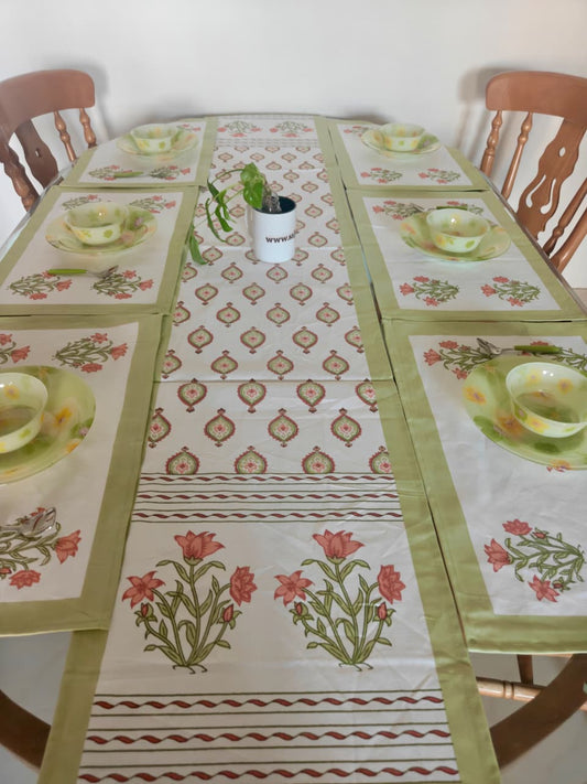 Sajja Handblock Table Linen Set Green floral Set of 7- Table Runner, 6 Table Mats