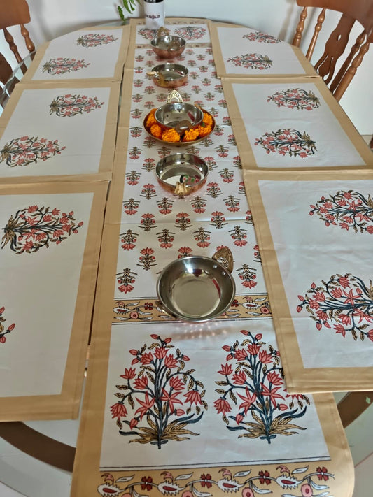 Sajja Handblock Table Linen Set Brown Yellow floral Set of 7-  One Table Runner, 6 Table Mats