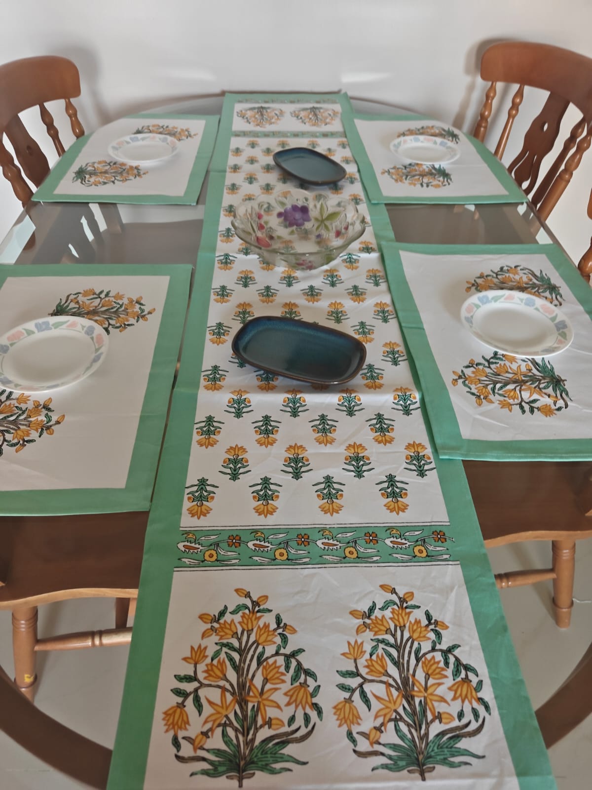 Rajwadi  Elegance Teal Yellow Table Runner Table Mats & Napkins - Set of 7 pieces