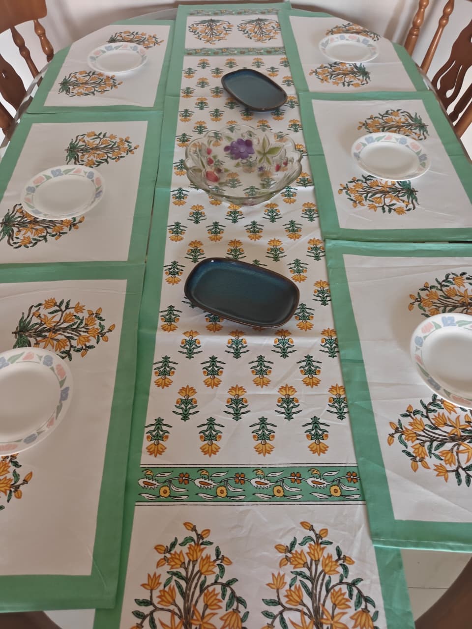 Rajwadi  Elegance Teal Yellow Table Runner Table Mats & Napkins - Set of 7 pieces
