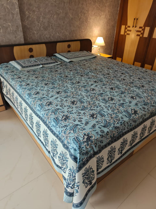 Hand block Ash Blue Floral Motif Pure Cotton Double Bedsheet King 108 x 108 inches