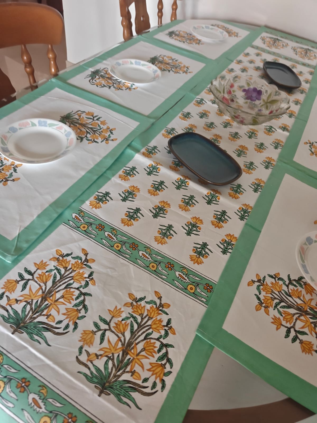 Rajwadi  Elegance Teal Yellow Table Runner Table Mats & Napkins - Set of 7 pieces