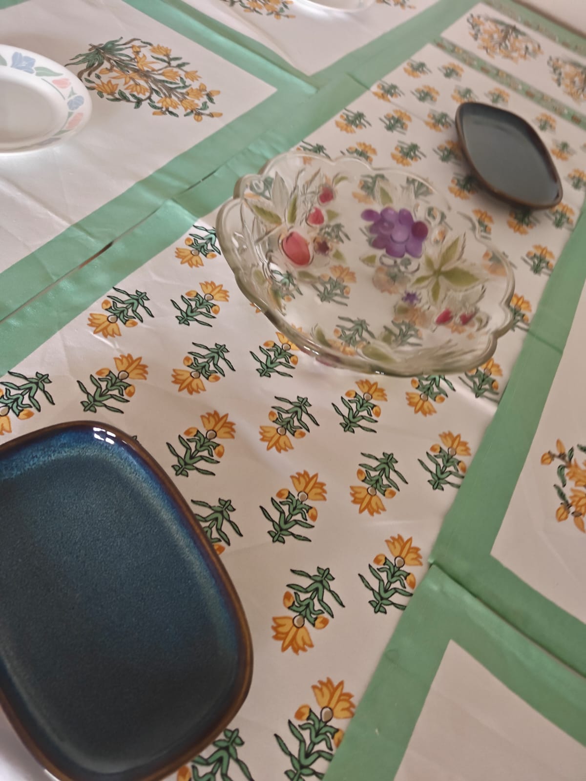 Rajwadi  Elegance Teal Yellow Table Runner Table Mats & Napkins - Set of 7 pieces