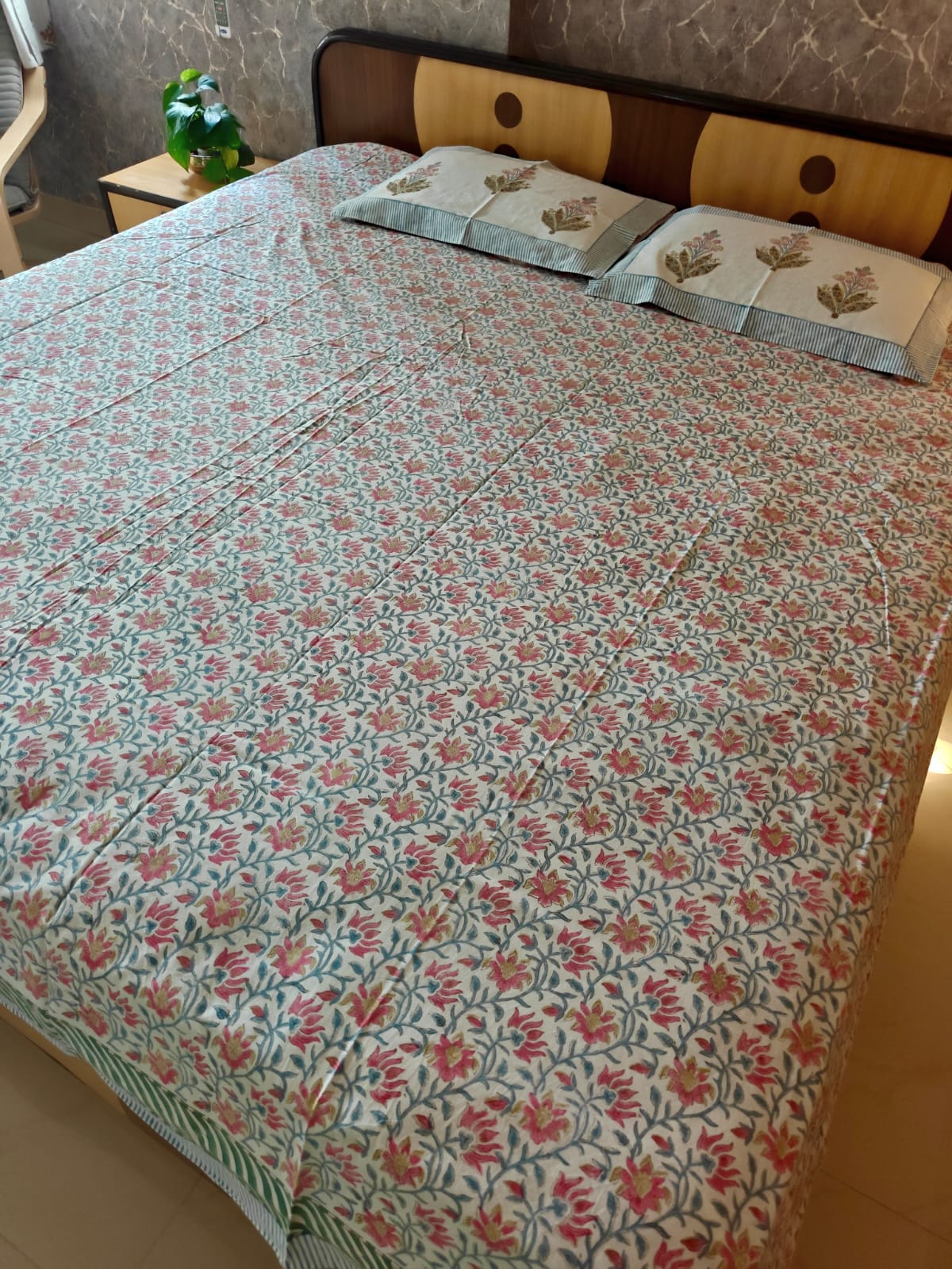 Designer Mughal Bagh Phool Butta Pink Blue Cotton Hand block King Bedsheet 9 x 9 feet