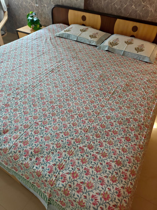 Designer Mughal Bagh Phool Butta Pink Blue Cotton Hand block King Bedsheet 9 x 9 feet