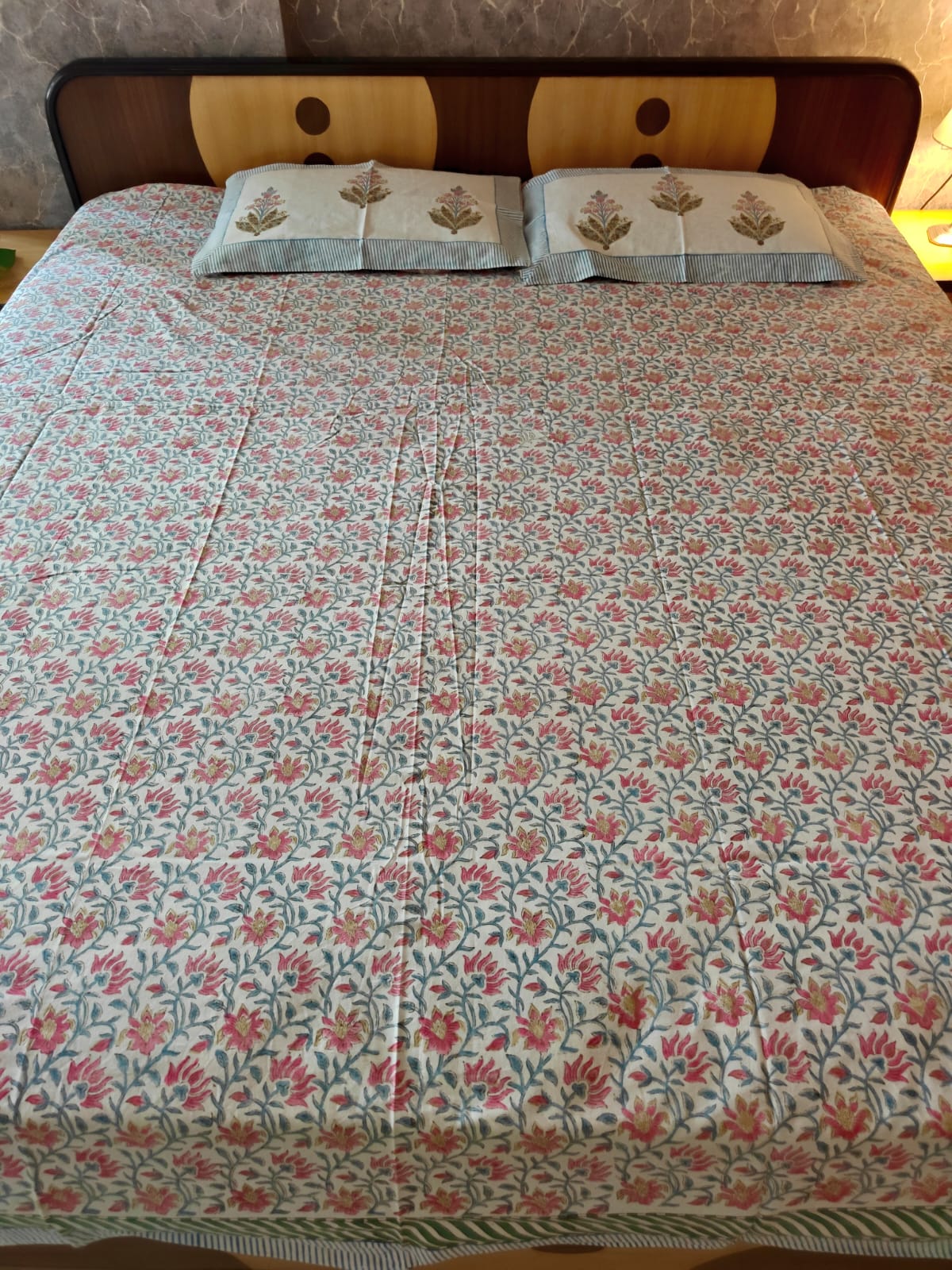 Designer Mughal Bagh Phool Butta Pink Blue Cotton Hand block King Bedsheet 9 x 9 feet