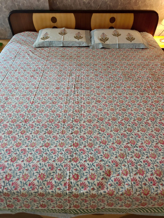 Designer Mughal Bagh Phool Butta Pink Blue Cotton Hand block King Bedsheet 9 x 9 feet