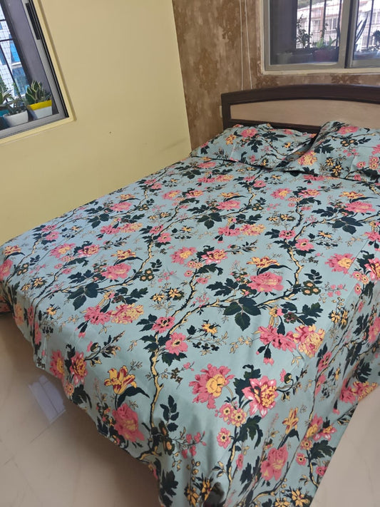 Traditional Anokhi Print Green floral Birds Pure Cotton Double bed King Bedsheet