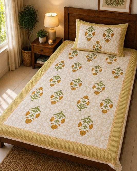 Vintage Handblock Print Pure Cotton Mughal Butta Single Bedsheet (60 x 90in)