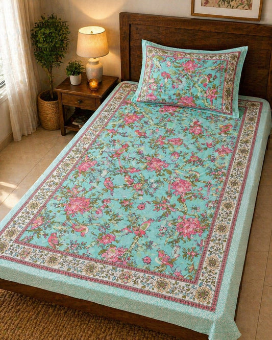 Autoloom South Cotton Cotton Aqua Green Floral Single Bedsheet (63 x 90 in)