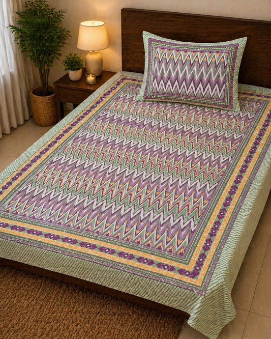 Handblock Print Pure Cotton Pink Purple Ikat Single Bedsheet (60 x 90in)