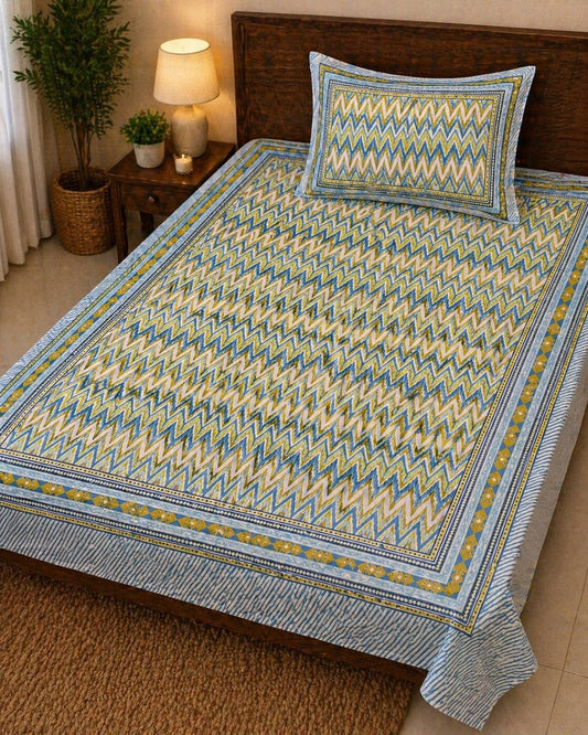 Hand block Print Pure Cotton Blue Ikat Single Bedsheet (60 x 90in)