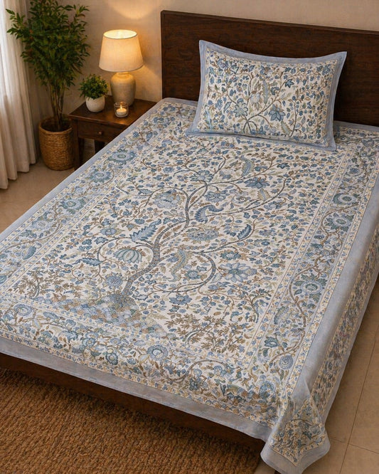Sajja Tree Of Wishes Handblock Pure Cotton Blue Ash Single Bedsheet (60 x 90in)