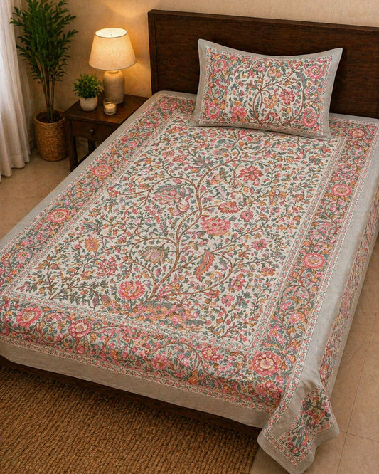 Sajja Tree Of Wishes Handblock Pure Cotton Single Bedsheet (60 x 90in)