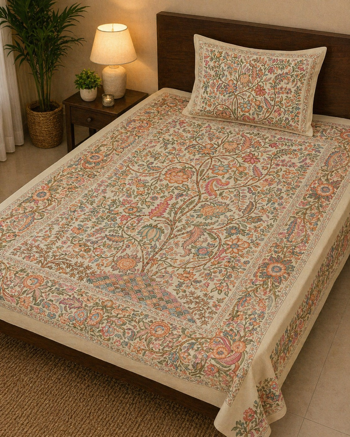 Sajja Tree Of Wishes Handblock  South COtton Single Bedsheet (60 x 90in)