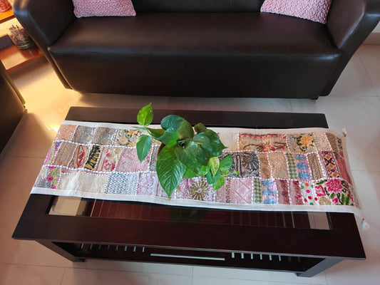 Cream Patchwork Khambadiya Table Runner (14 x 60 inches)