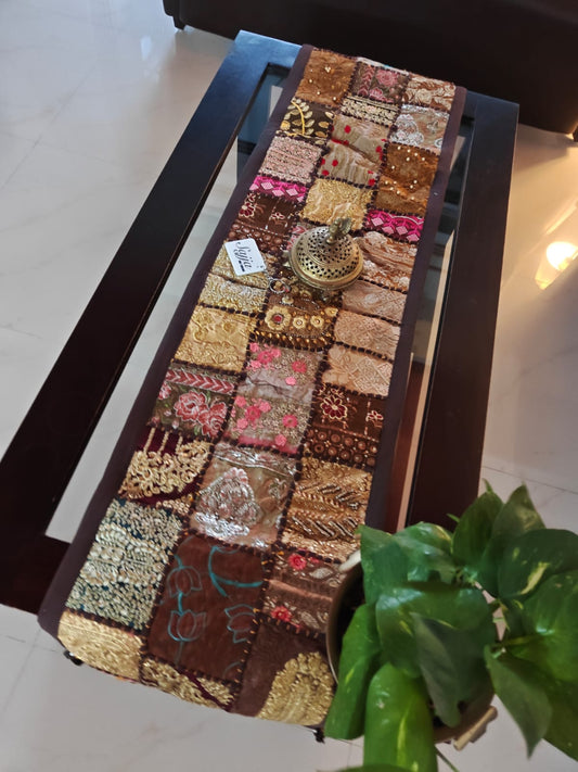 Patchwork Khambadyia Embroidered Brown Cotton Table Runner