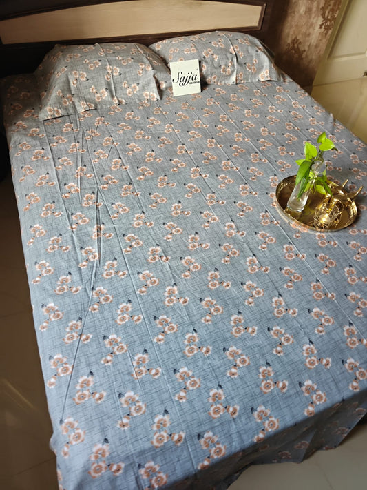 Chic Earthy Grey with Beige Brown Floral Work Double Bedsheet Queen