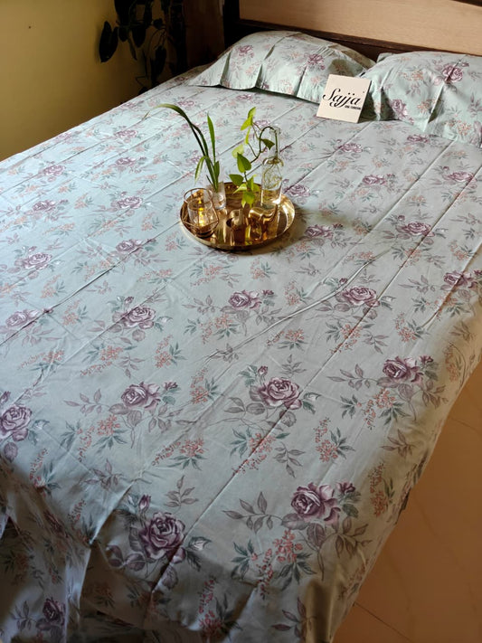 Designer Sage Green Floral Double Bedsheet Queen