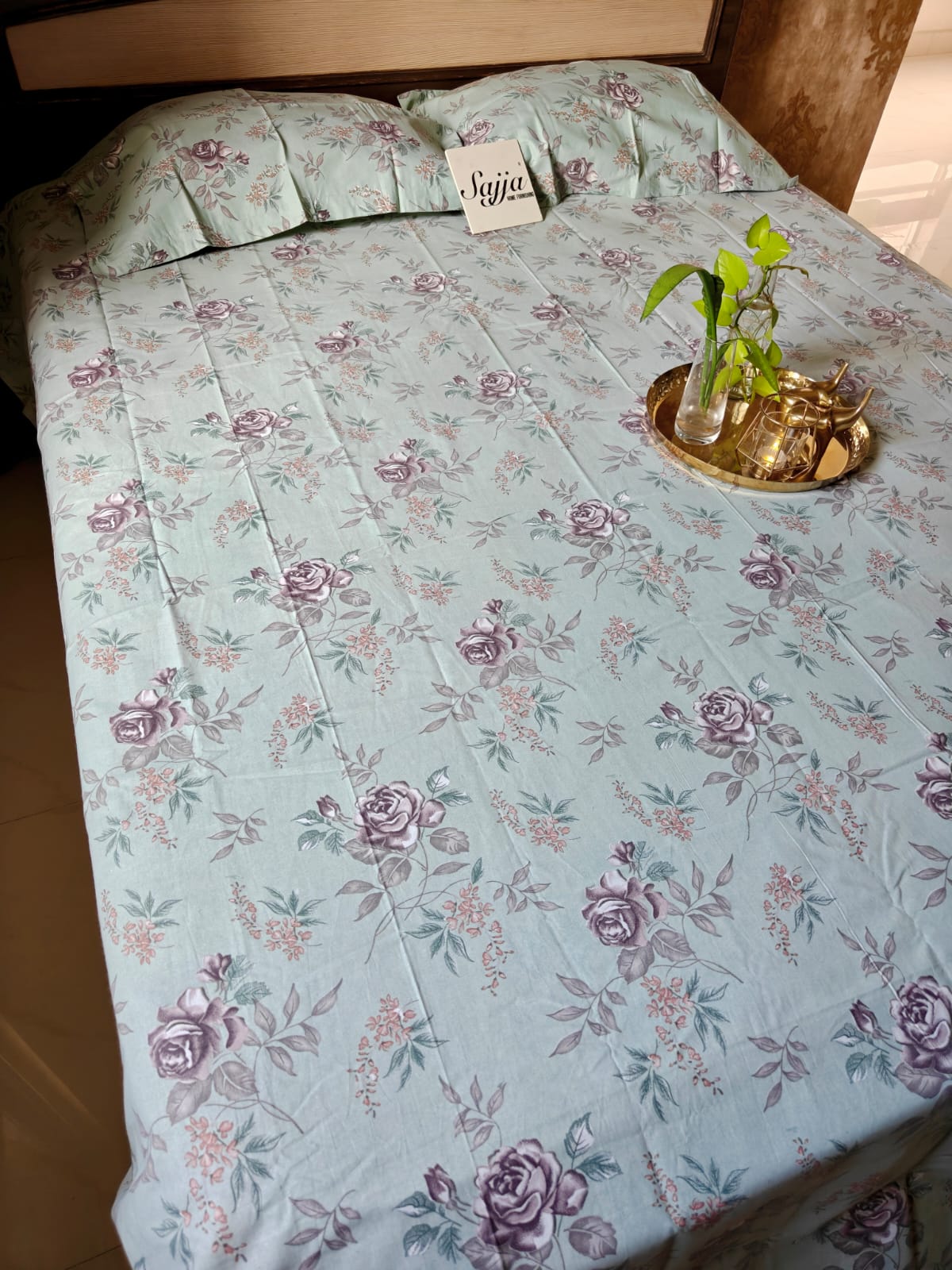 Designer Sage Green Floral Double Bedsheet Queen