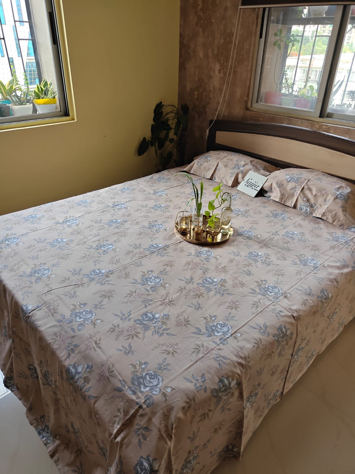 Rich Soothing Peach Brown Floral Double Bedsheet Queen 90 x 100 inches