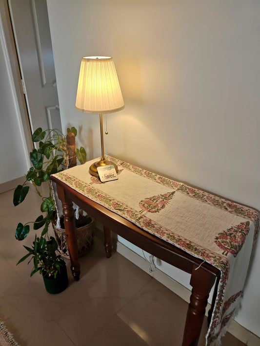 Blush Pink Sap Green Pine Floral Jute Cotton Table Runner For Dining Table 