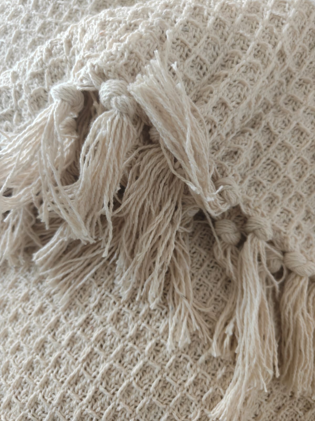 Premium Solid Waffle Yarn Woven Throws with Tassels Off white