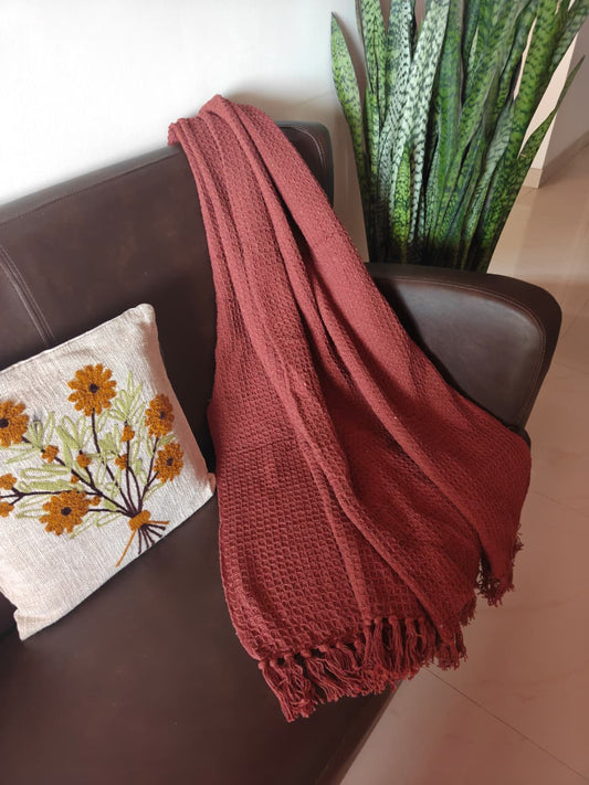 Rust Brown Waffle Weave Pure Cotton Throw (Onesize)