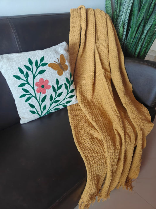 Designer Pure Cotton Waffle Throws Mustard  (Onesize)