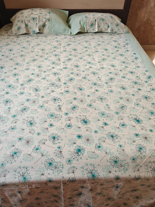 Duck Cotton Teal Turquoise King Size With Solid Border Double Bedcover with 2 Pillow Covers