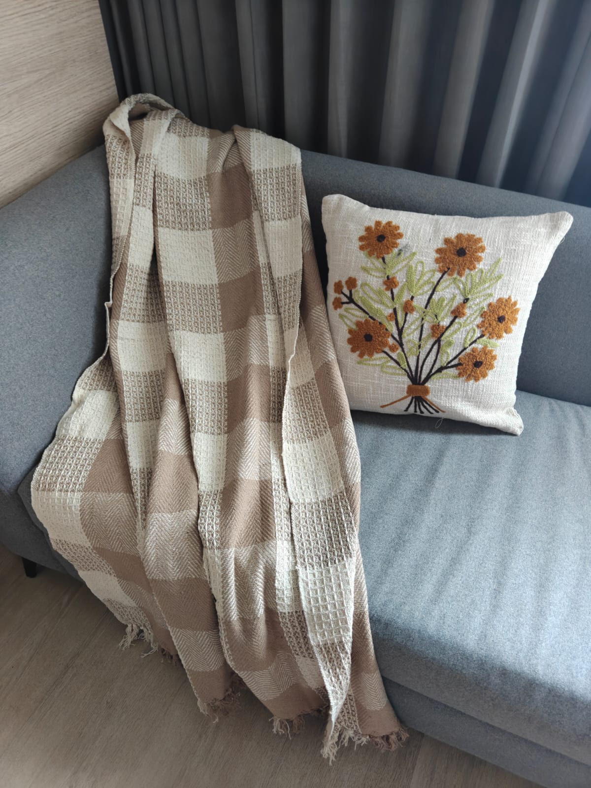 Earthy Beige Bohomein Pure Cotton Check Waffle Throws (Onesize)
