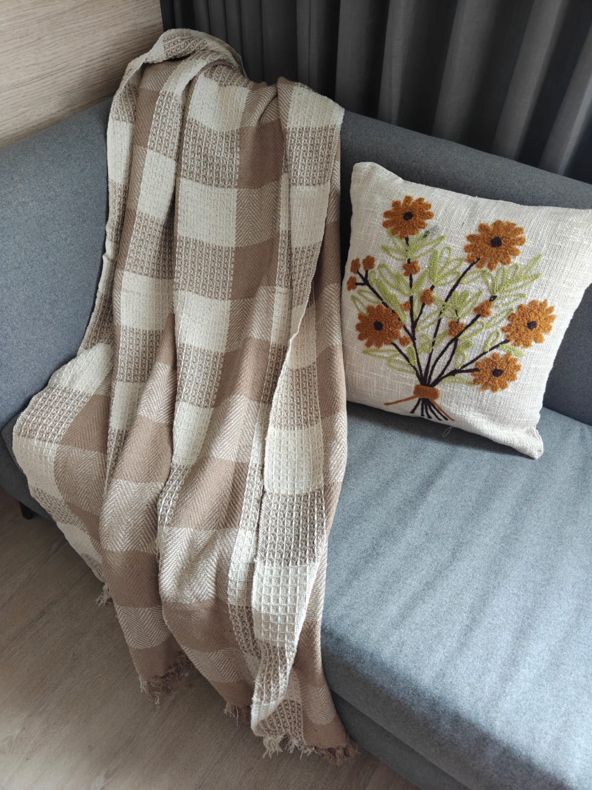 Earthy Beige Bohomein Pure Cotton Check Waffle Throws (Onesize)