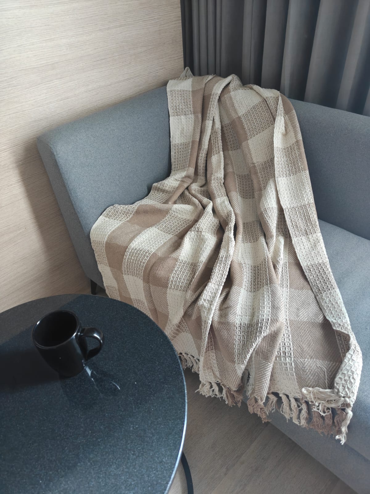 Eatrty Beige Bohomein Pure Cotton Check Waffle Throws (Onesize)