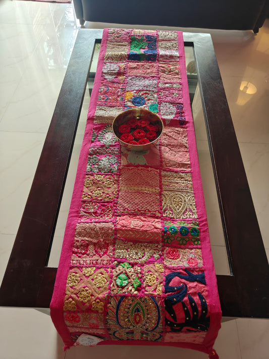 Pink Khambadiya Patchwork Table Runner (14 x 60 inches)