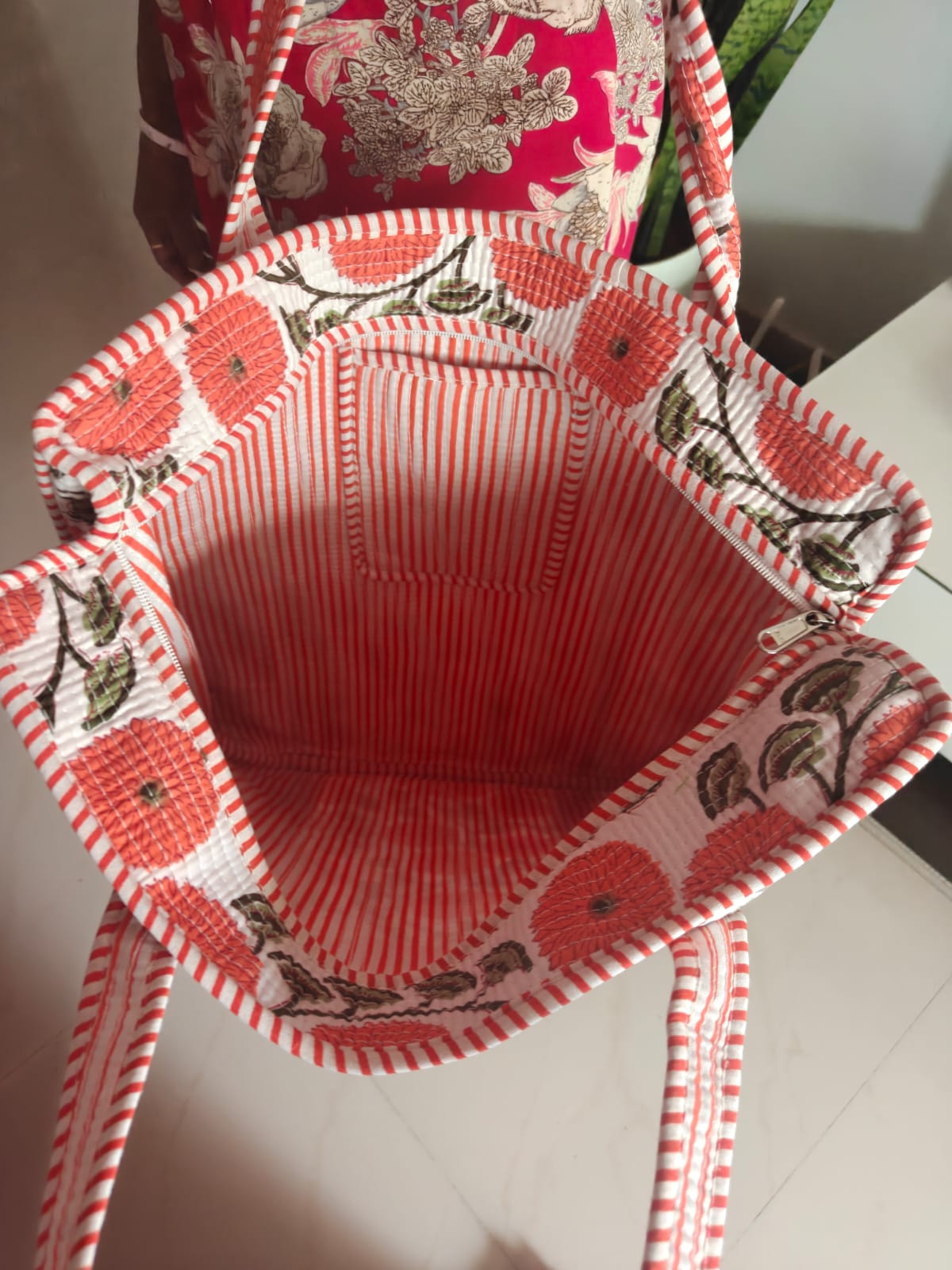 Orange Floral Hand block Printed Quilted Tote Bag with concealed zip 16x 18x 5 inches | hand block printed quilted tote bag