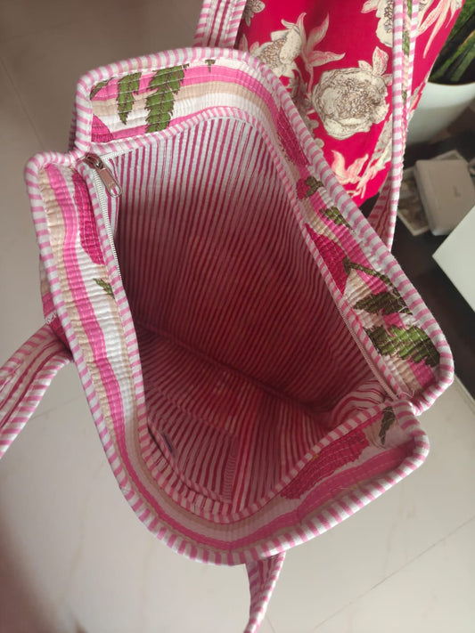Pink Purple Floral Hand block Printed Quilted Tote Bag with concealed zip 16x 18x 5 inches