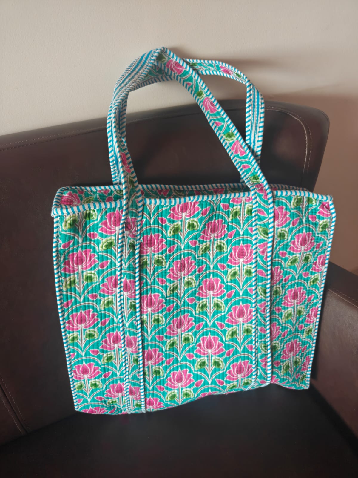 Trendy Women Floral Theme Hand Block Printed Shopper Tote Bag handbag -BYOB 