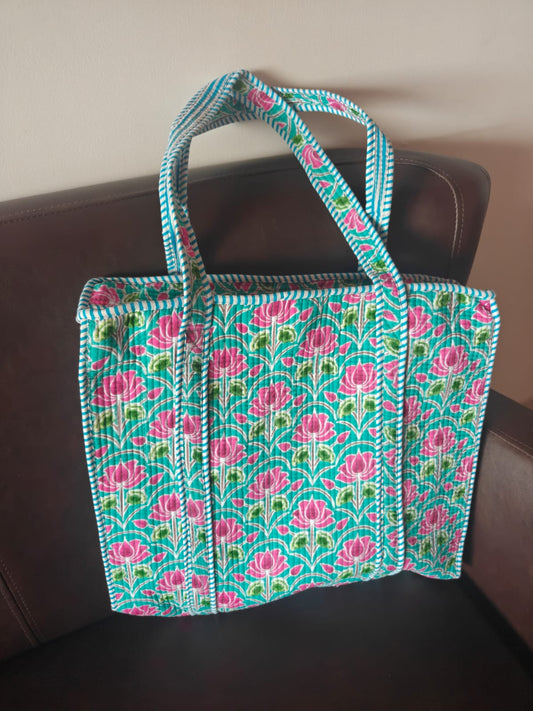 Trendy Women Floral Theme Hand Block Printed Shopper Tote Bag handbag -BYOB 