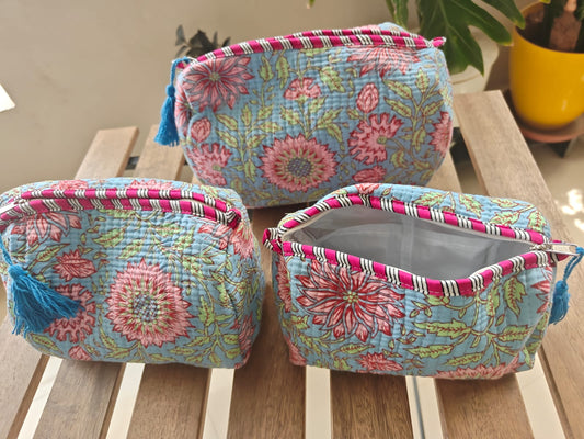 Blue Floral Hand Block Print Travel Kit Cotton Pouch | Travel Kit | Bag | Travel Utility | Accessory Indigo | Set of 3